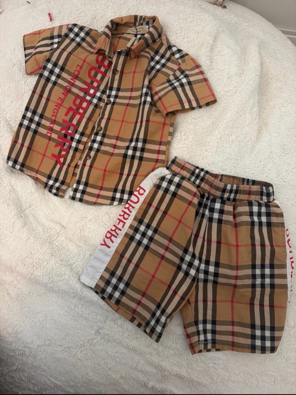 Burberry Kids Tan Plaid Short Pajama Set with Red Logo